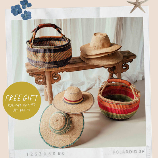 Promotional image of woven baskets and hats with a free gift offer on a light background.