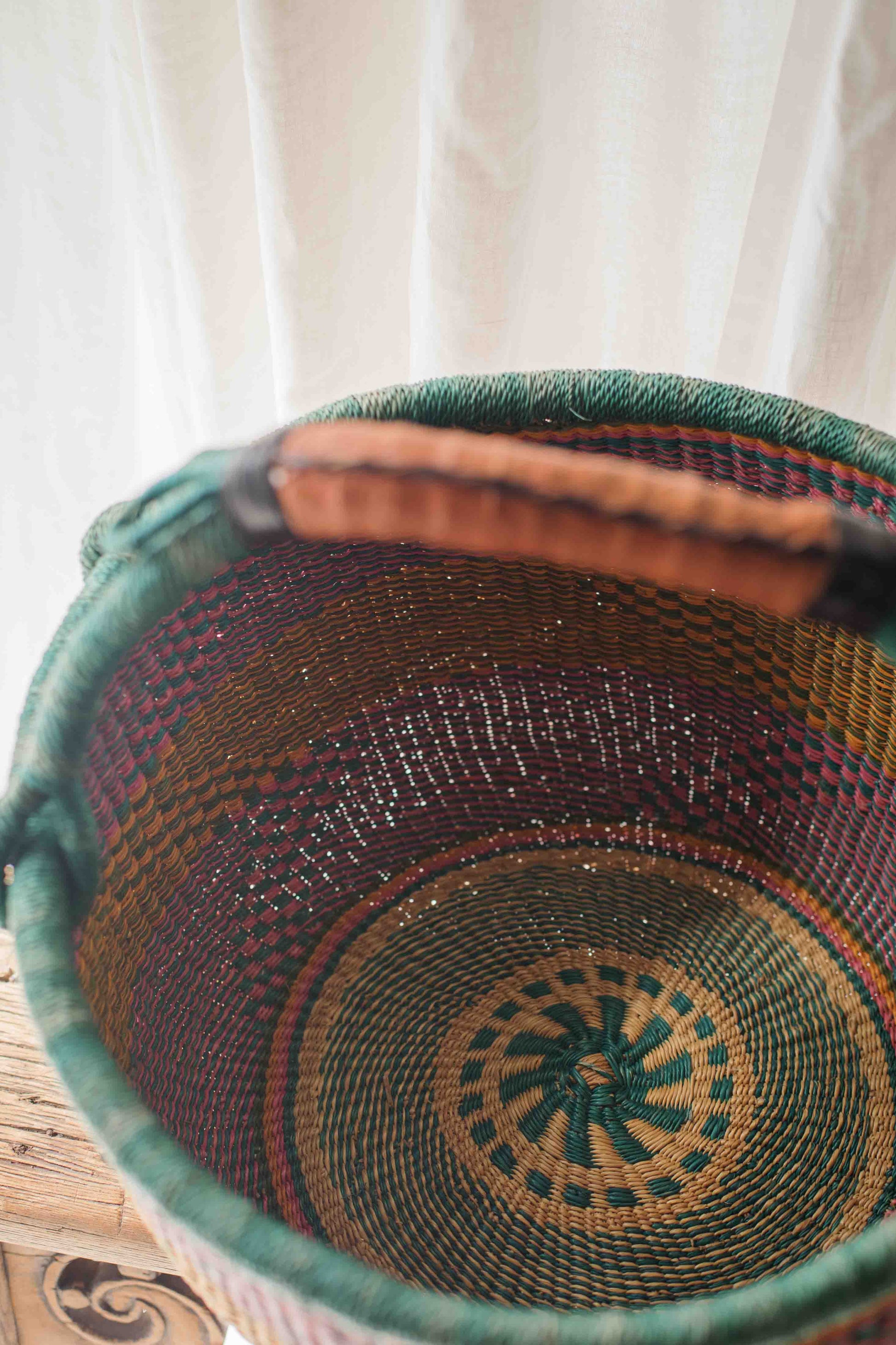 Close-up of a woven basket with intricate patterns on a white background