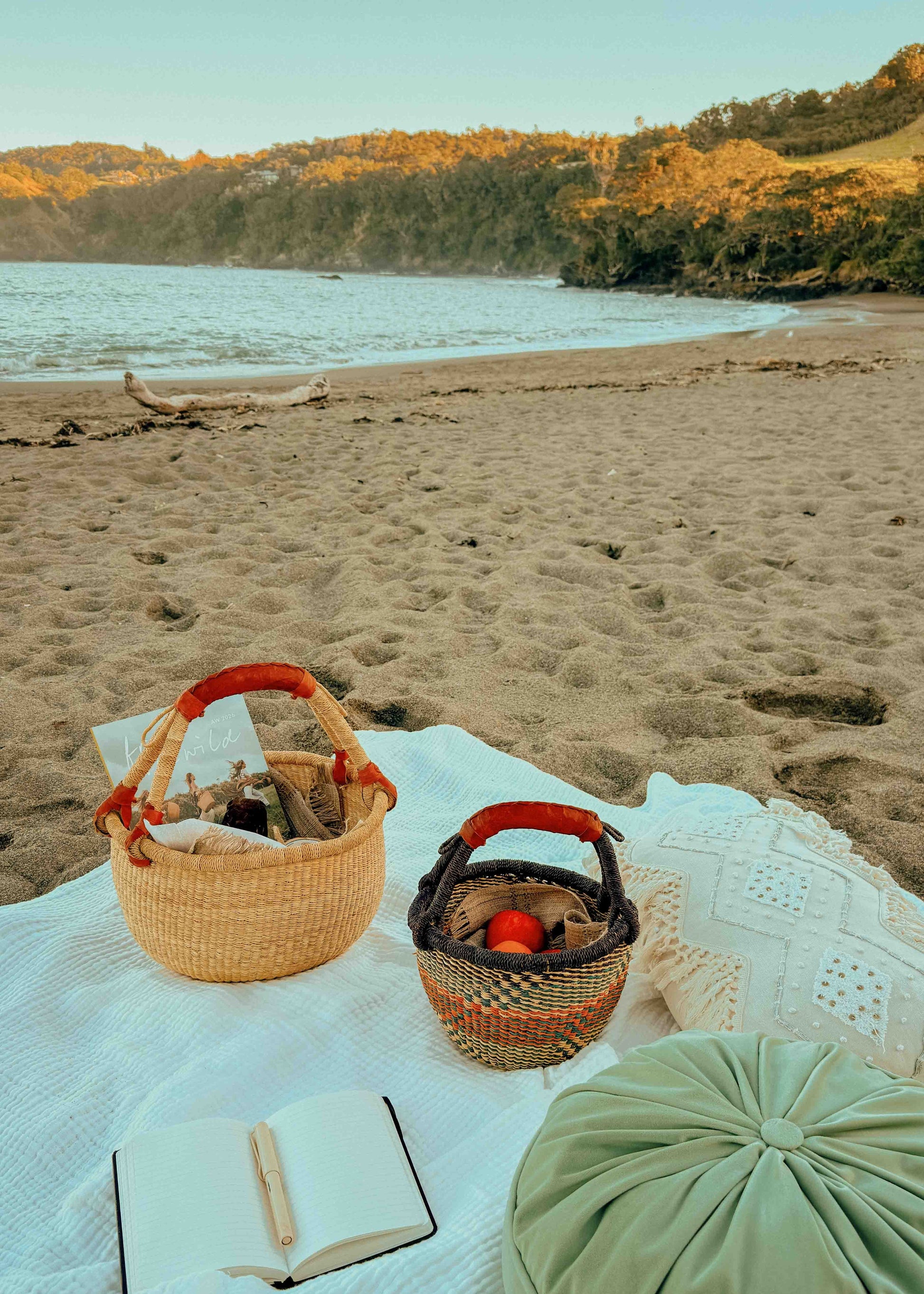 A beach picnic setup on a white blanket with a woven basket, a small dark basket with red handles, an open book, and a green cushion, with a sandy beach and ocean in the background.